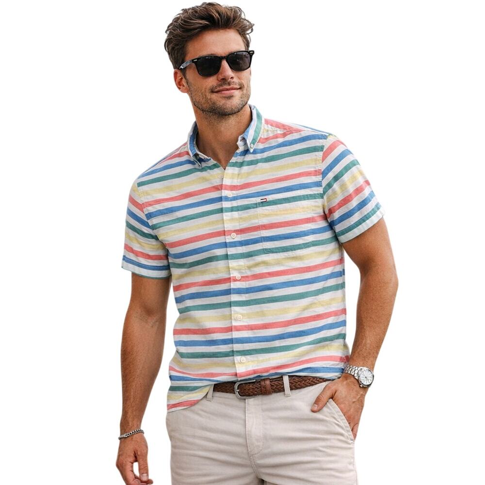 Tommy Hilfiger Men’s Large Striped Short Sleeve Button Down Shirt